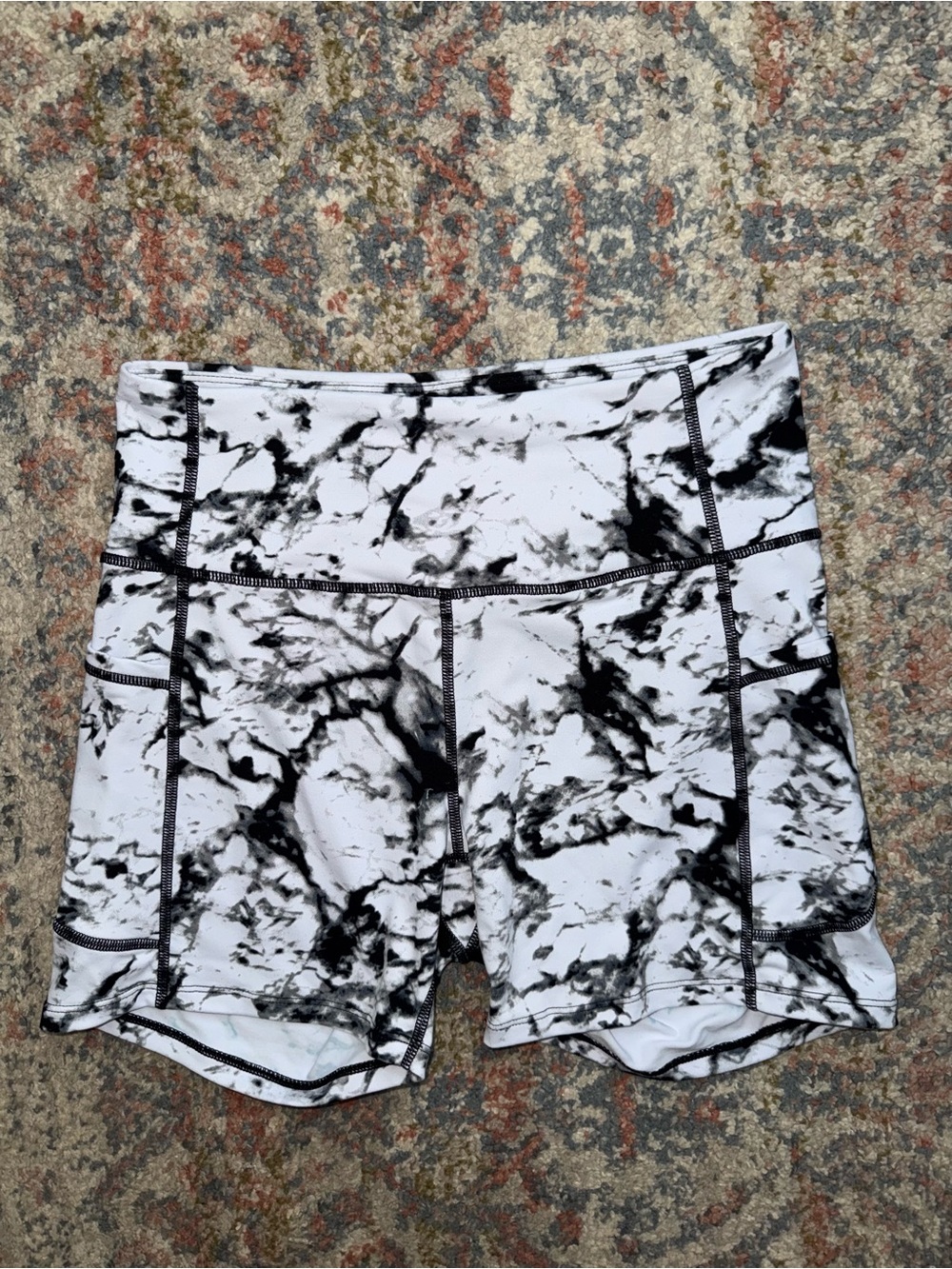 High-Waist Black and White Marble Print Biker Shorts